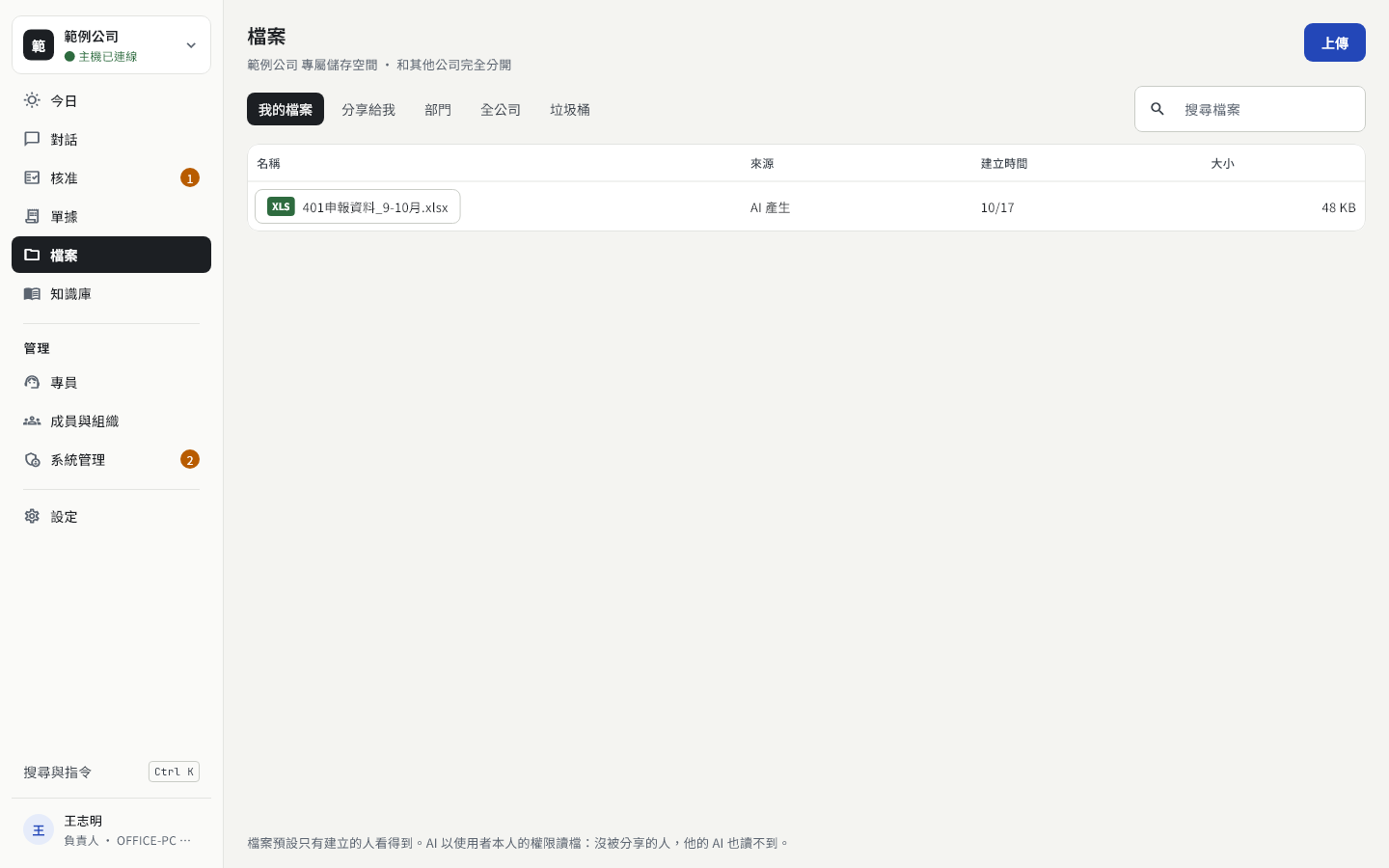 檔案畫面：分頁我的檔案、分享給我、部門、全公司
